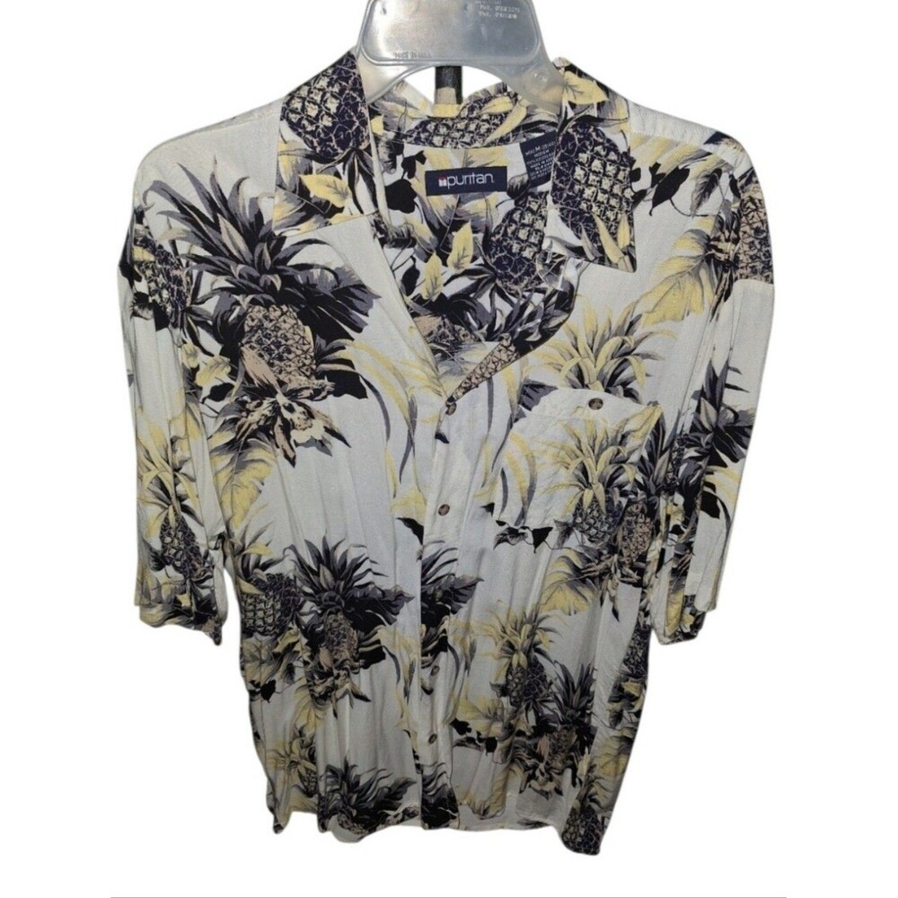 Purntan Tropical Pineapple Button-Up Shirt - Ivory, Black & Pale Yellow
